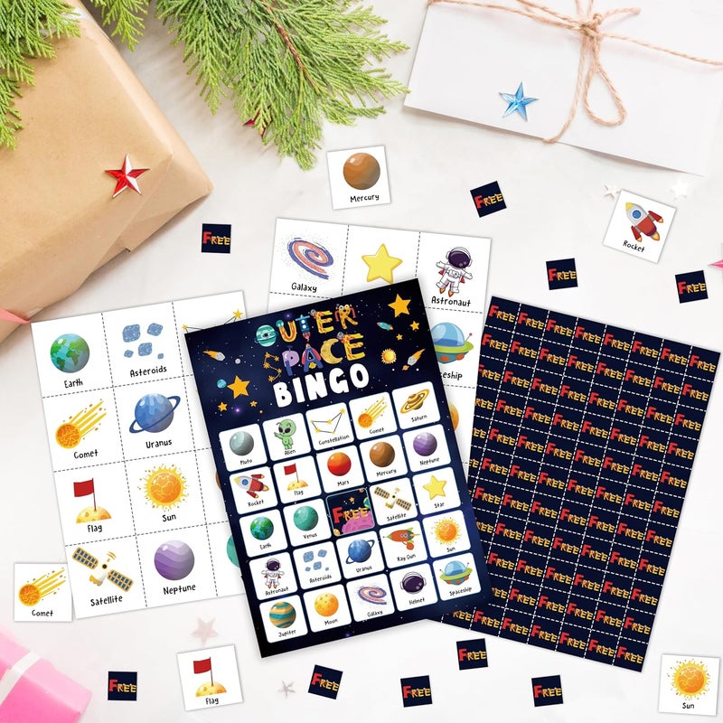 Mueddur Outer Space Party Bingo Card, Solar System Birthday Bingo Game for Adults Family Friends, Astronomy Games Set for Birthday Party, Holiday Games for 24 Players -04 - Image 3